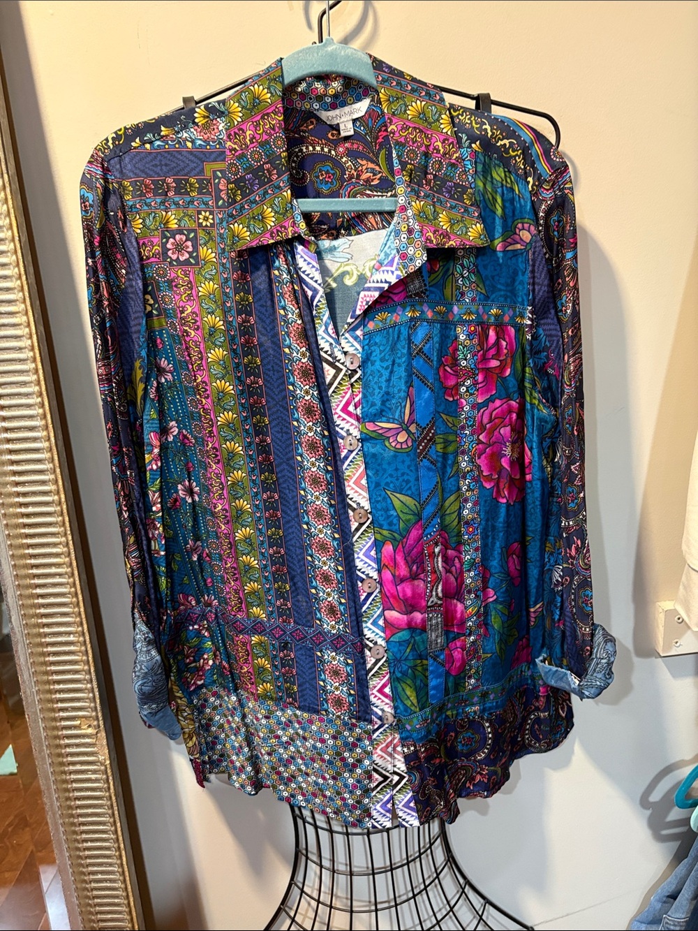 John Mark Blue Floral Patchwork Button-Down Shirt